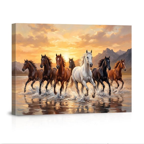 Seven Horses Running Through Water At Sunset Majestic Herd For Modern Home Office Canvas