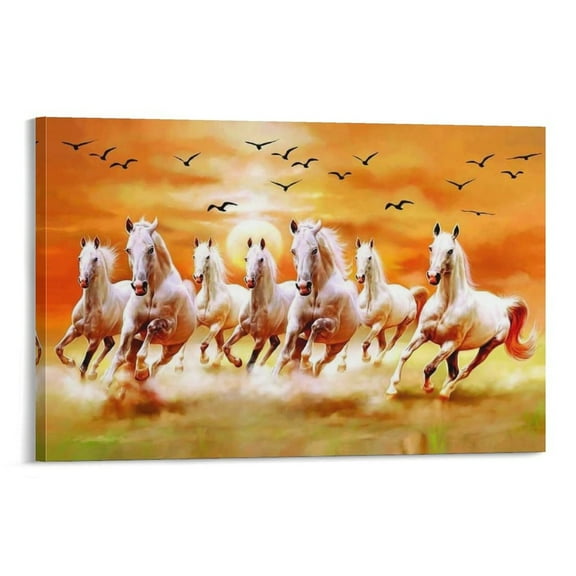 Seven Lucky Running White Horses Posters Painting On Canvas Wall Art Poster Scroll Picture Print Living Room Walls Decor Home Posters 24x36inch(60x90cm)
