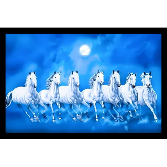Seven Lucky Running Wild Horses Wall Art Poster Frame, 18x12 In. Wall Mount
