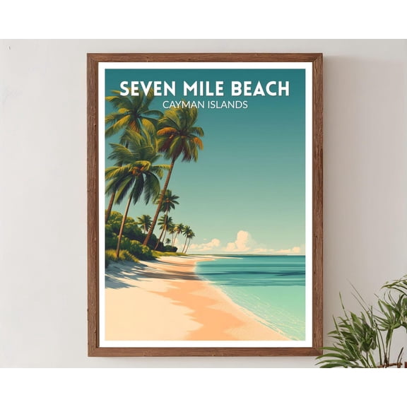 Seven Mile Beach Cayman Islands Retro Travel Mid Century Modern Vintage Coastal Caribbean Decor, Unframed Poster