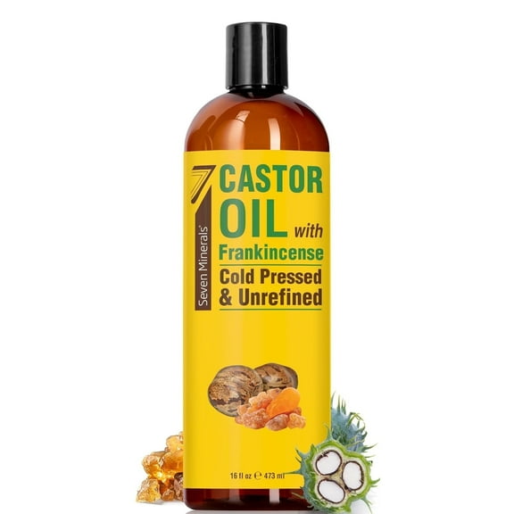 Seven Minerals Cold Pressed Castor Oil with Frankincense - 16 fl oz - Unrefined & Hexane Free - Hair Growth, Thicker Eyelashes & Eyebrows, Dry Skin Care, Joint and Muscle Comfort