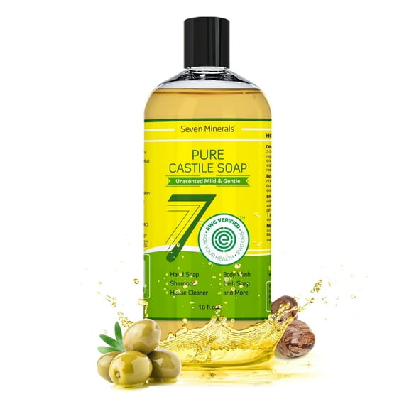 Seven Minerals EWG verified Castile Soap, Unscented, No Palm Oil, Baby-Safe, 16 fl oz