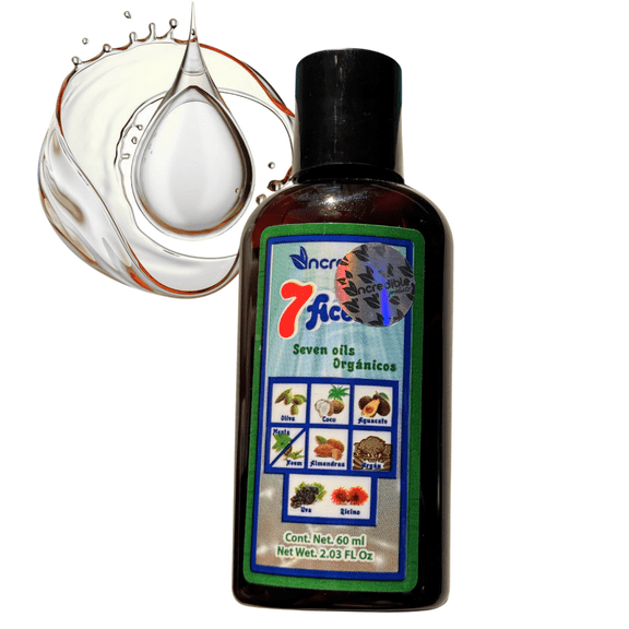 Seven Organic Oils Blend (2.03 fl oz / 60ml) - Natural Care for Strength, Shine, and Nourishment - Olive, Coconut, Castor, Almond, and More - 7 Aceites Orgnicos Hair Oil