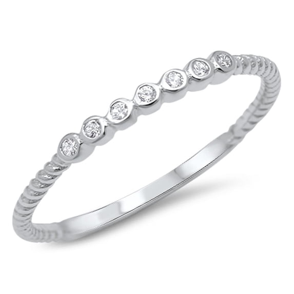 Seven Round Cubic Zirconia Stones Lined Up Rope Ring Sterling Silver 925