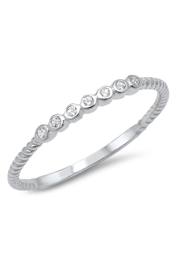 Seven Round Cubic Zirconia Stones Lined Up Rope Ring Sterling Silver 925