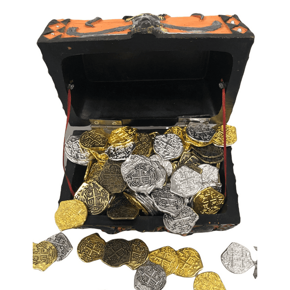 Seven Seas Pirates - Buccaneer Treasure Octopus Chest with Lot of 100 Mixed 5 Color Doubloons - Rogue`s Jewelry Cache Filled Coins for Pretend Games