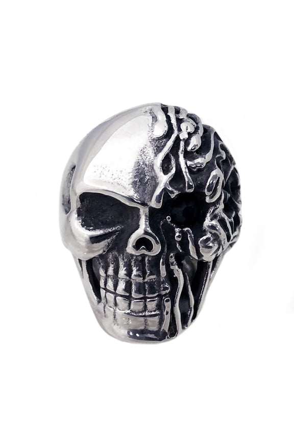 Flaming Skull Steel Black Enameled Ring