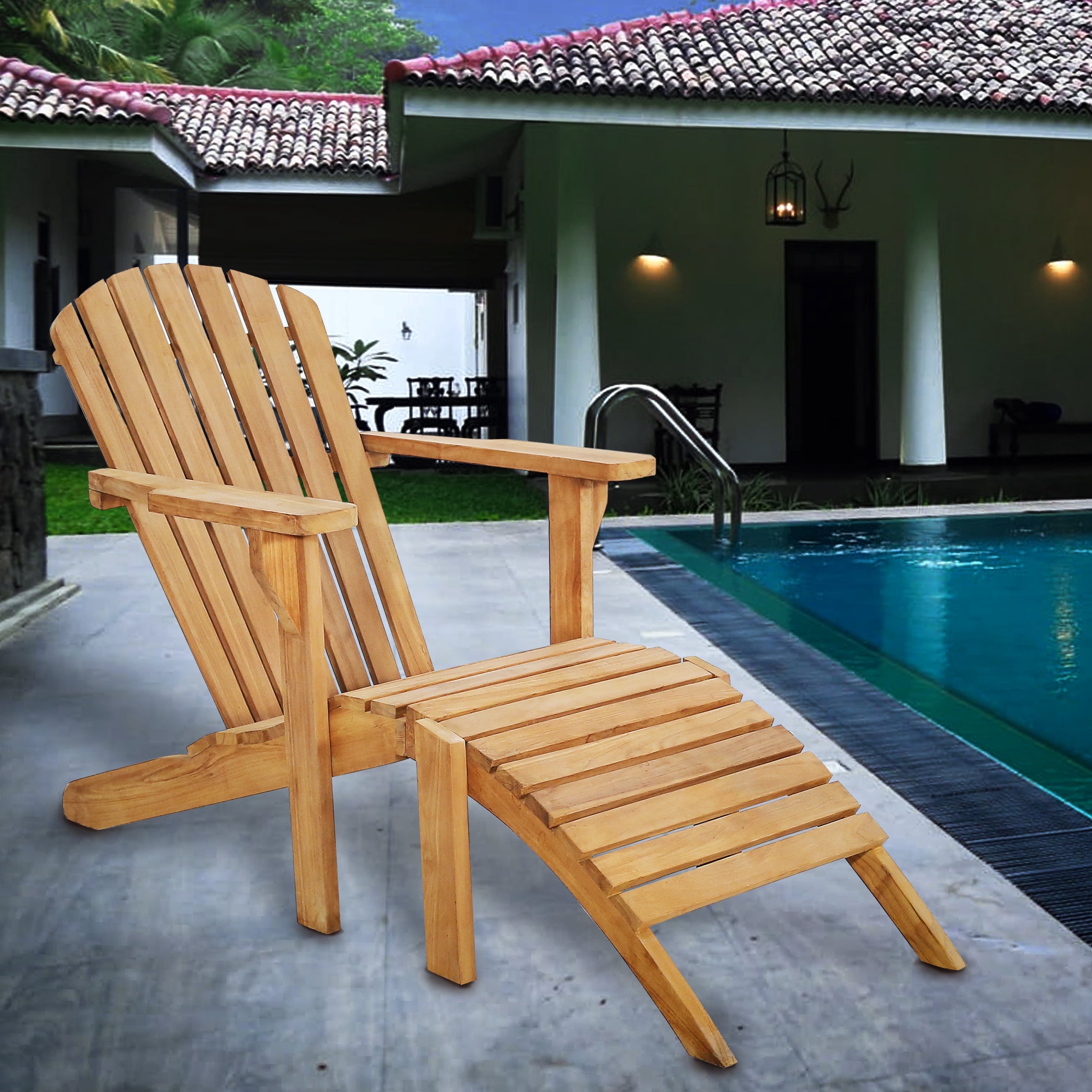 Seven Seas Teak Outdoor Patio Adirondack Chair with Footstool, A-Grade Teak Wood