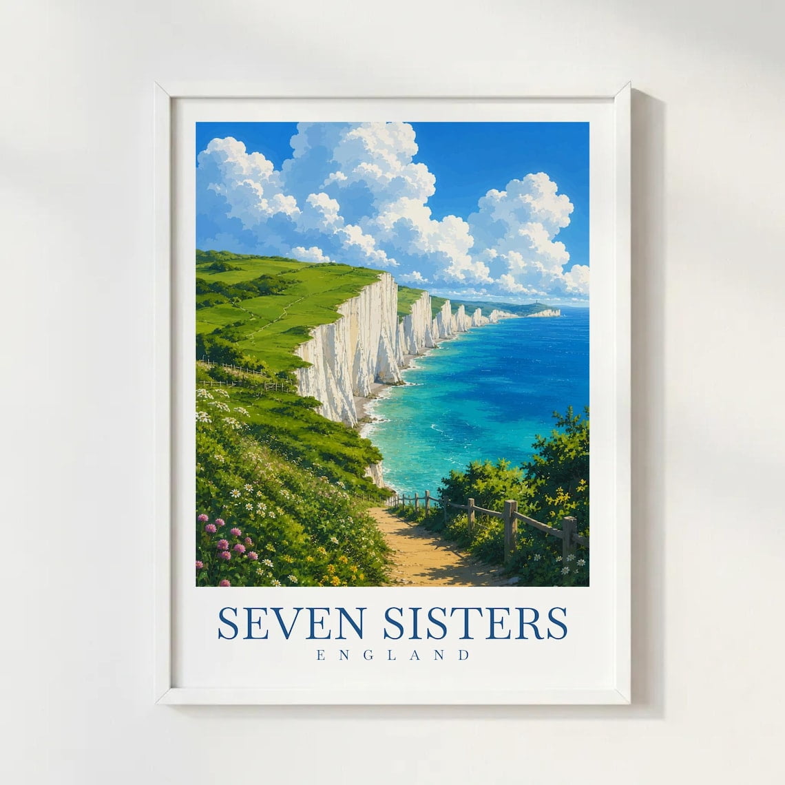 Seven Sisters England Travel Illustration Style Coastal Cliffs ...