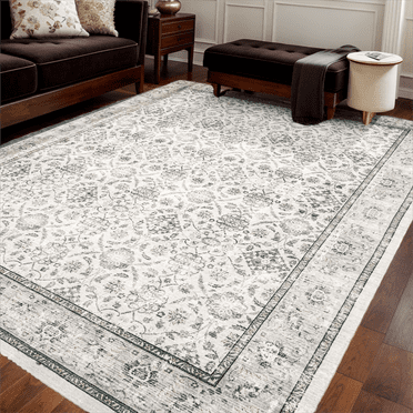 VUNATE Area Rugs for Living Room 5x7 Washable Vintage Floral Rugs for Bedroom Kitchen Oriental Carpet Non Slip Distressed Floor Rug Accent Rug Grey