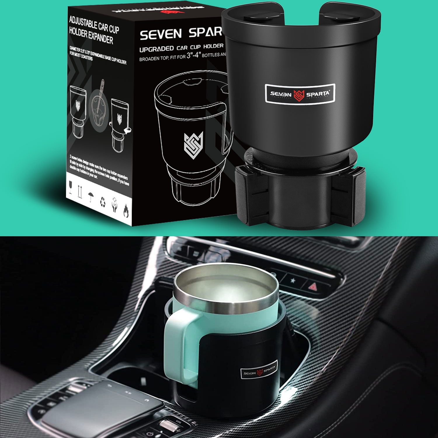 Seven Sparta Car Cup Holder Expander Adapter Insert with Offset Adjustable  Base Universal Black 