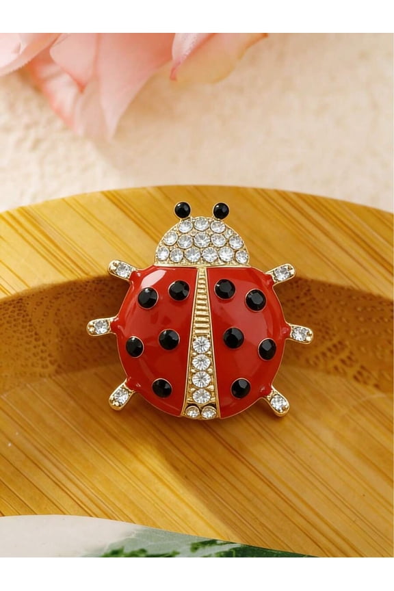 Seven-Spotted Ladybug Brooch With Crystal Accents And Goldtone Metal, Fashion Insect Lapel Pin For Women