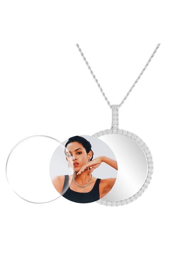 Seven Spring Custom Photo Locket Necklace, 70mm Large Round Pendant with 5A Zirconia, Gold/Silver Plated Copper, 60cm Chain, Personalized Memorial Jewelry for Loved Ones