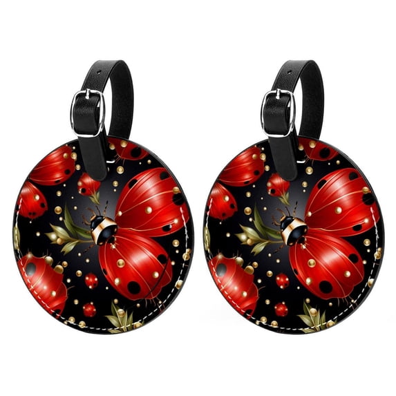 Seven Starred Ladybird 2Pcs PU Leather Round Luggage Tags with Privacy Cover and Name ID Tag for Suitcase, Handbags, Backpacks, School Bags