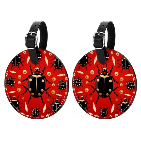Seven Starred Ladybird 2pcs PU Leather Round Bag Tags Suitcase Handbag Tags with Privacy Cover and Name ID Tag for Travel Luggage, Handbags, Backpacks, School Bags
