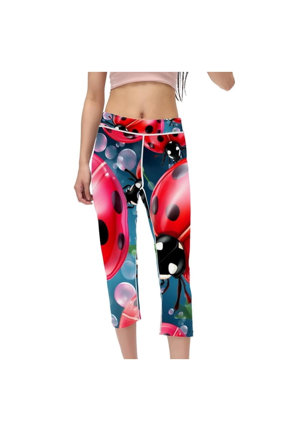 Seven Starred Ladybird High Waist Capris Compression Leggings for Women, Not See-Through Printed Gym Pants, Suitable for Running, Fitness, Yoga