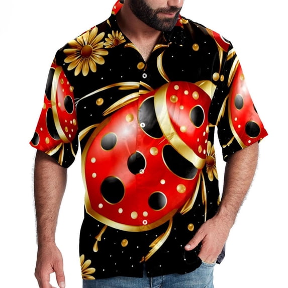 Seven Starred Ladybird Men's Button Down Casual Hawaiian Print Short Sleeve Summer Beach Shirt