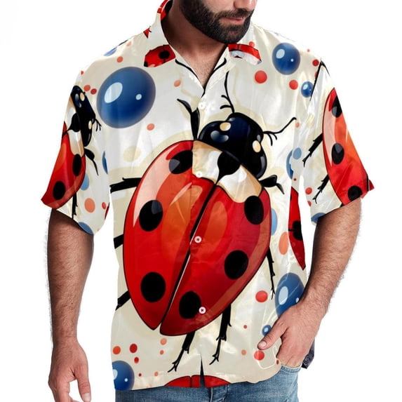 Seven Starred Ladybird Men's Casual Button Down Short Sleeve Hawaiian Printed Summer Beach Shirts