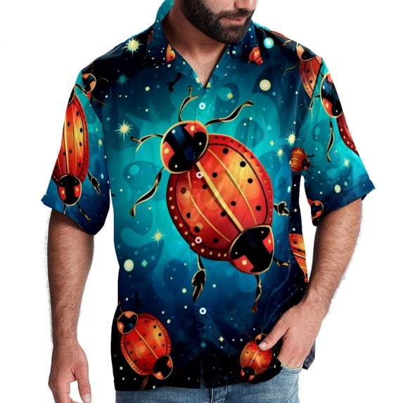 Seven Starred Ladybird Men's Casual Button Down Short Sleeve Hawaiian Printed Summer Beach Shirts