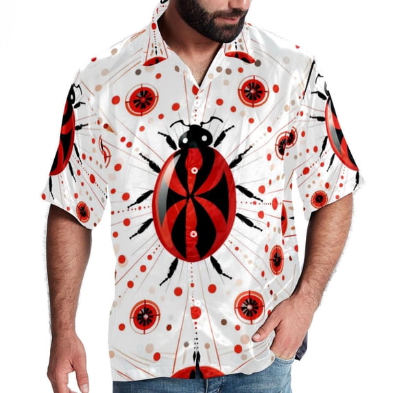 Seven Starred Ladybird Men's Short Sleeve Hawaiian Print Button Down Beach Shirt