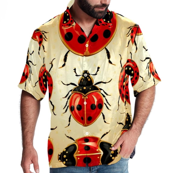 Seven Starred Ladybird Men's Short Sleeve Shirts with Spread Collar Tops, Casual Printed Poplin Shirt, Button Down Short Summer Beach Shirts - Unisex