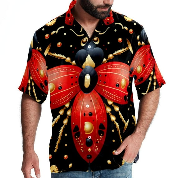 Seven Starred Ladybird Men's Spread Collar Tops, Casual Button Down Shirts for Summer Beach, Printed Short Sleeve Shirts - Unisex