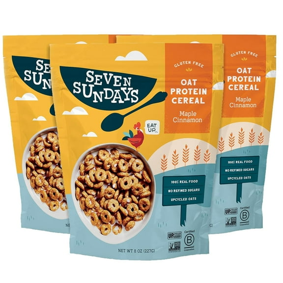Seven Sundays MQH2Oat Protein Cereal, Maple Cinnamon, 8 Oz Bag (Pack of 3), Gluten Free, 5g Upcycled Protein, 0g Refined Sugar, Crunchy Sweet Snack