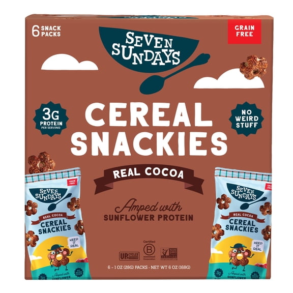 Seven Sundays Snackies Real Cocoa Sunflower Breakfast Cereal, Gluten Free, Grain Free, Crisp Texture, pack of 6, 1 oz Servings