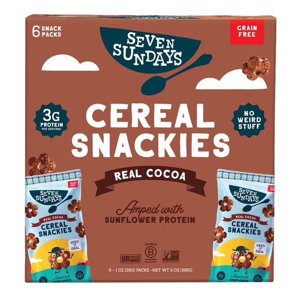 Seven Sundays Snackies Real Cocoa Sunflower Breakfast Cereal, Gluten Free, Grain Free, Crisp Texture, pack of 6, 1 oz Servings
