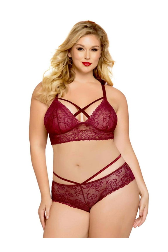 Rose Lace Bra Top and Lattice Back Panty Womens Plus Size Lace Bralette Set