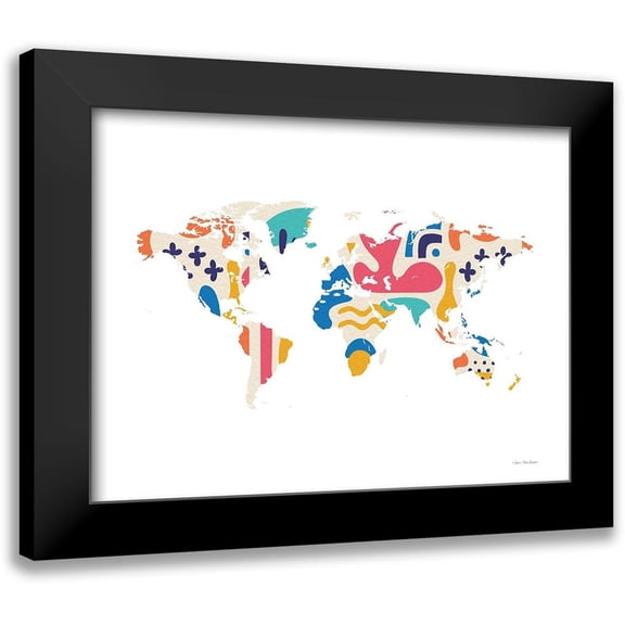 Seven Trees Design 14x12 Black Modern Framed Museum Art Print Titled - Abstract Colorful World Map
