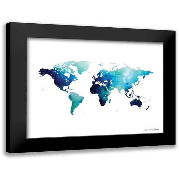 Seven Trees Design 14x12 Black Modern Framed Museum Art Print Titled - Blue Space World Map