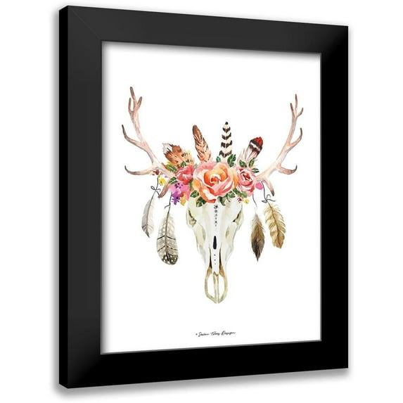 Seven Trees Design 15x18 Black Modern Framed Museum Art Print Titled - Boho Floral Feather Skull