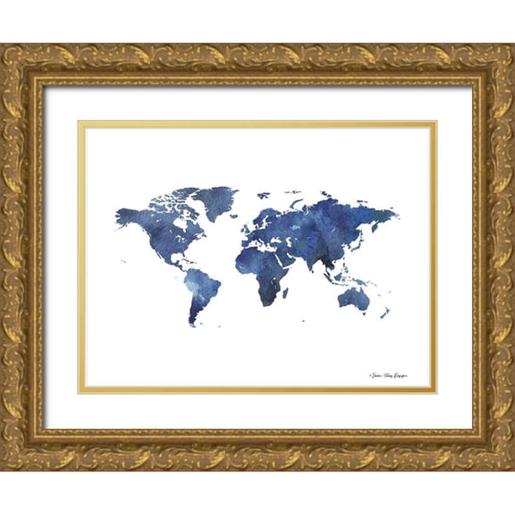 Seven Trees Design 32x25 Gold Ornate Wood Framed with Double Matting Museum Art Print Titled - Watercolor World in Dark Blues