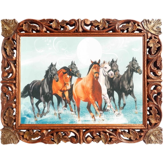 Seven running and galloping horses in water, poster print framed in hand crafted handicraft wood frame must for Vaastu Shastra peace harmony and success at home and office, Peace Harmony and success