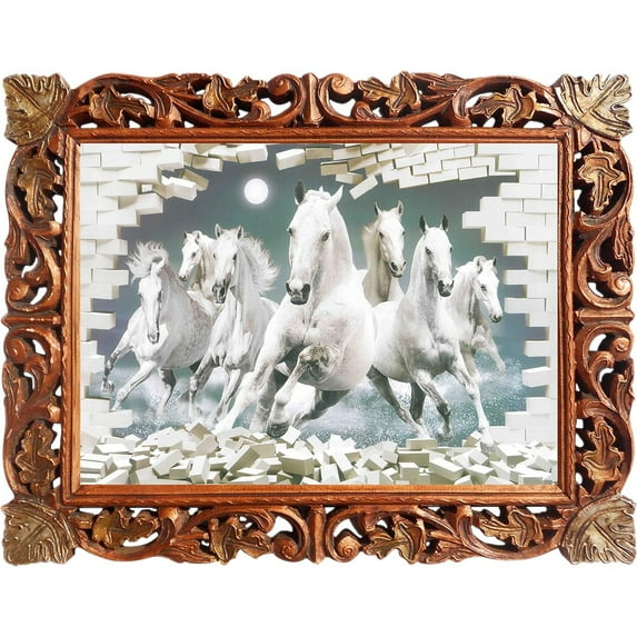 Seven white running horses breaking the wall of hurdle, Wall Poster - Vastu Shastra Horse Wall Art Framed Horse Painting 7 Running Horse Pictures Wall Décor for Lounge Bedroom Kitchen Office