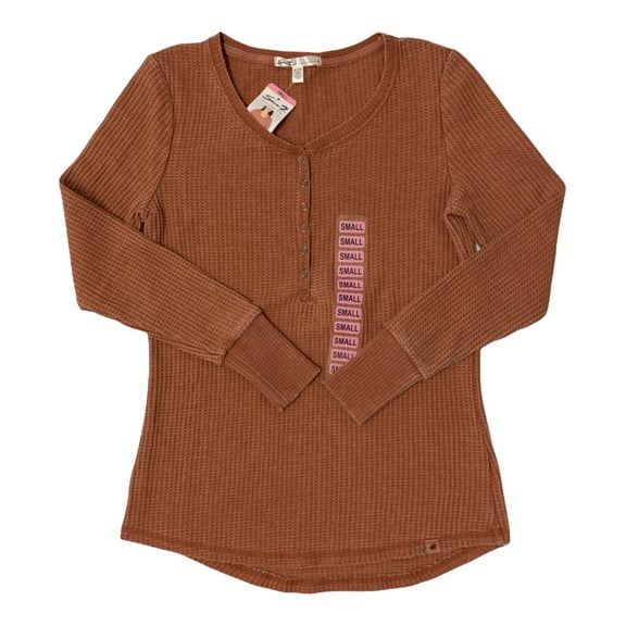 Seven7 Women's Super-Soft Relaxed Fit Long Sleeve Snap Waffle Henley (Camel, S)