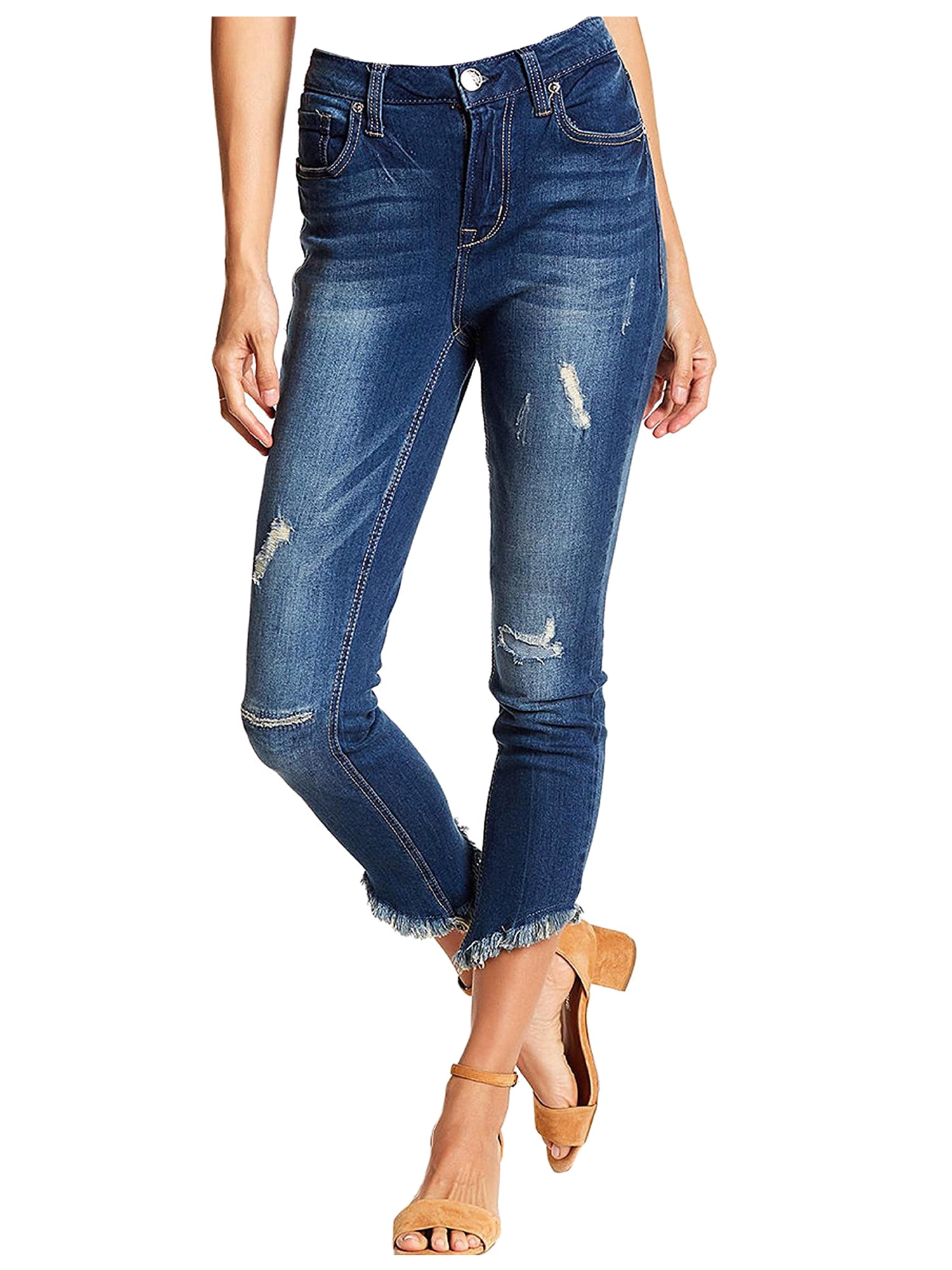 HIGH WAIST FRAYED HEM BUTTONS SKINNY DENIM PANTS main image 0