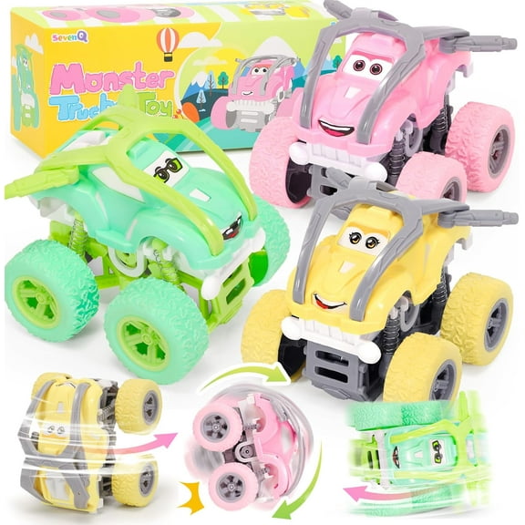 SevenQ Monster Truck Toys Cars for Kids, 3 Pcs Toy Trucks Vehicles Flip Stunt Car , Race Car Party Favors