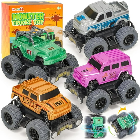 SevenQ Monster Truck Toys for Boys, 4 Pcs Toy Cars Flip Stunt Car, Pull Back Cars Friction Powered Cars for Toddlers Retro Toys Vehicles Birthday