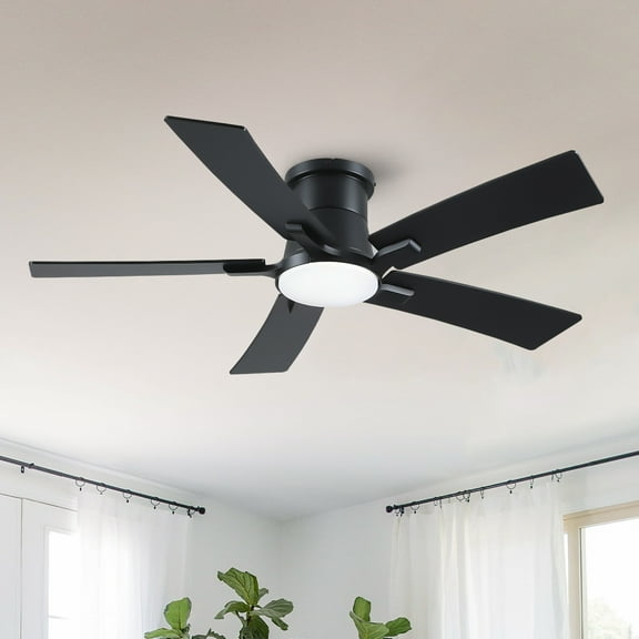 Sevenine 46 inch Matte Black Indoor Flush Mount Ceiling Fan with LED Light, Remote Control and 5 Reversible Blades