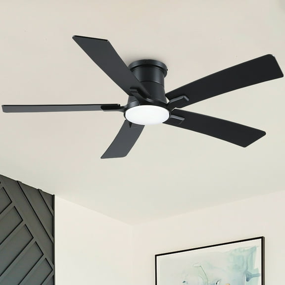 Sevenine 52 inch Matte Black Indoor Flush Mount Ceiling Fan with LED Light, Remote Control and 5 Reversible Blades