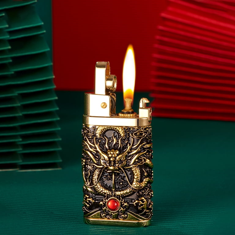 Sevenlots Vintage Trench Carving Dragon Lighters Creative Brass Cigarette  Petrol Kerosene Lighter for Collection Decorative Gift, 1 Pack, Black,Metal