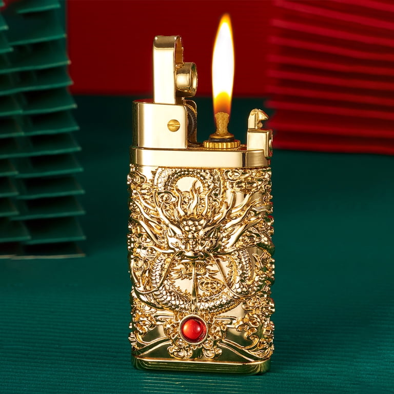 Sevenlots Vintage Trench Carving Dragon Lighters Creative Brass Cigarette  Petrol Kerosene Lighter for Collection Decorative Gift, 1 Pack,Golden