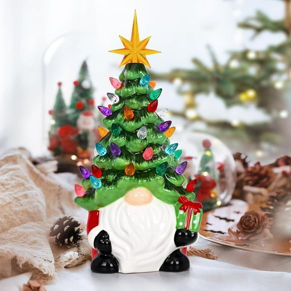Sevenstars 12" Ceramic Christmas Tree Gnome Christmas Decorations with Lights for Tabletop, Green