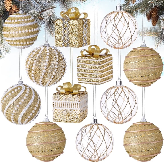 Yastouay 12 Pcs Champagne Christmas Ornaments Set,3.15inch Shatterproof Ornaments Glitter Christmas Ball Hanging Xmas Tree for Christmas Decorations