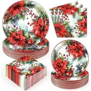 Sevenstars 200 PCS Christmas Plates and Napkins Christmas Disposable Paper Plates Poinsettia Party Supplies for Party Decoration