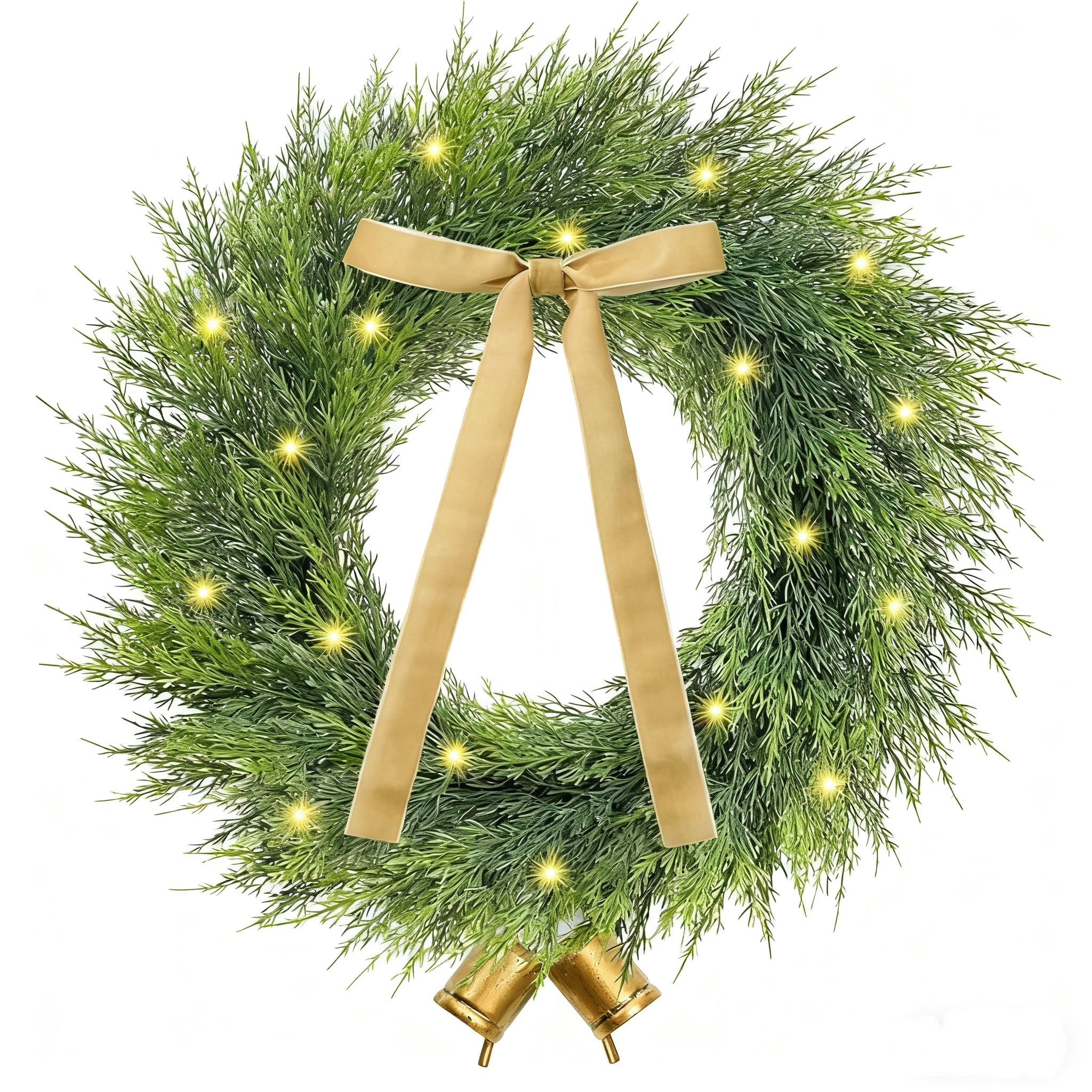 Yastouay 24 inch Christmas Wreath for Front Door, Christmas Norfolk Pine Wreath with Lights, Ribbon Bell for Indoor Outdoor Wall Windows Christmas Home Decor