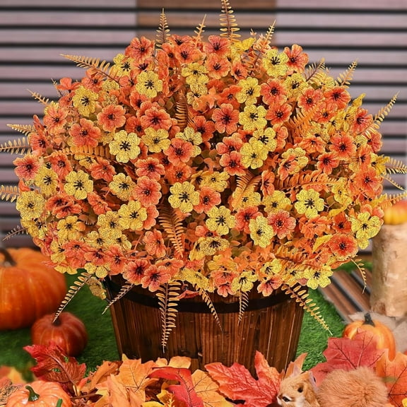 Yastouay 32 Bundles Artificial Mums for Outdoors,Fake Mums for Home Decor,UV Resistant Faux Fall Flowers for Garden Porch Yard Patio Decoration(Yellow,Orange)