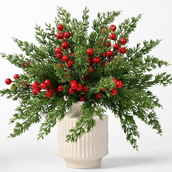 Yastouay 45pcs Christmas Norfolk Pine Stems,Artificial Chriatmas Pine Picks with Berries for Christmas Decor